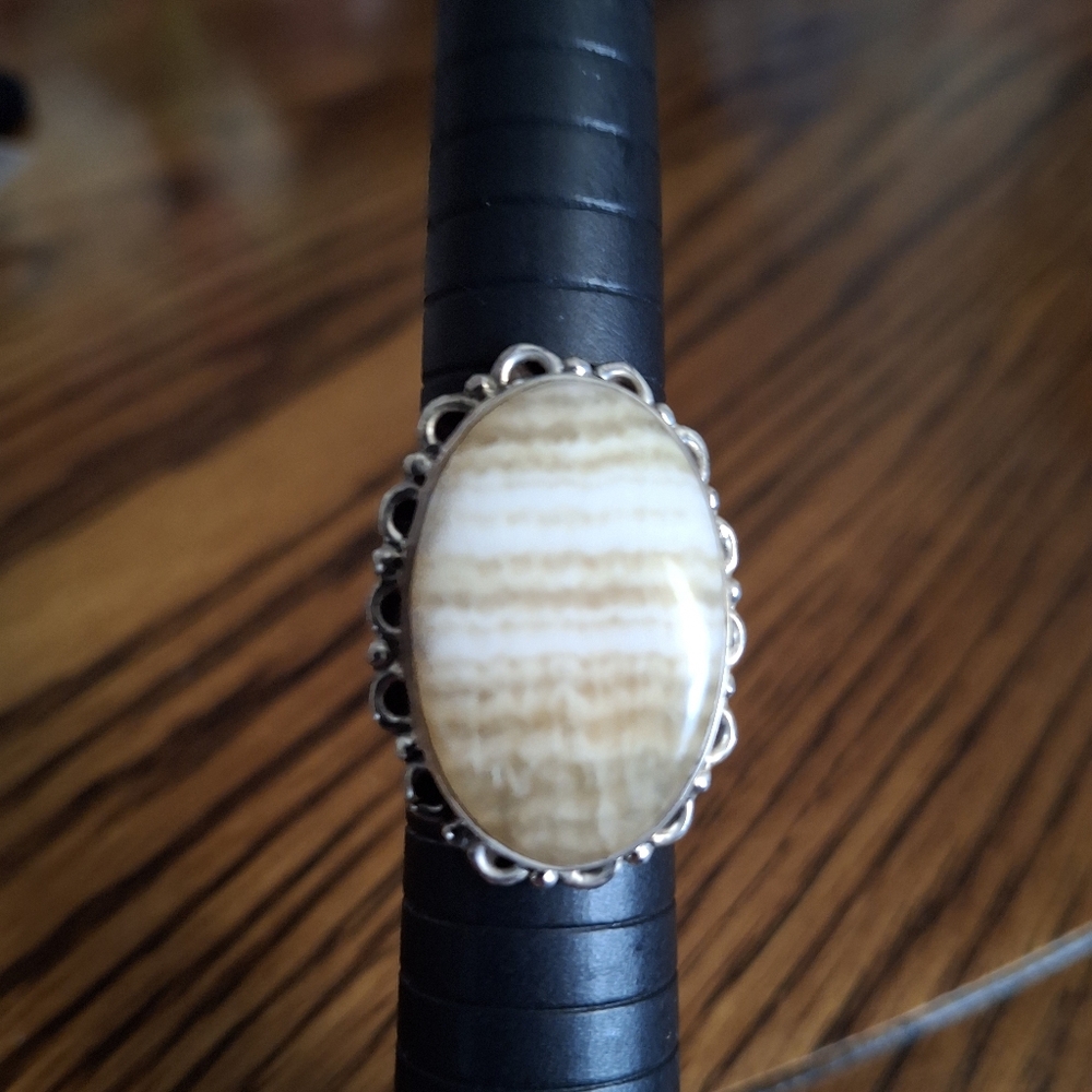 Ring Lace Agate Natural Stone Sterling Silver Statement Ring Size 6